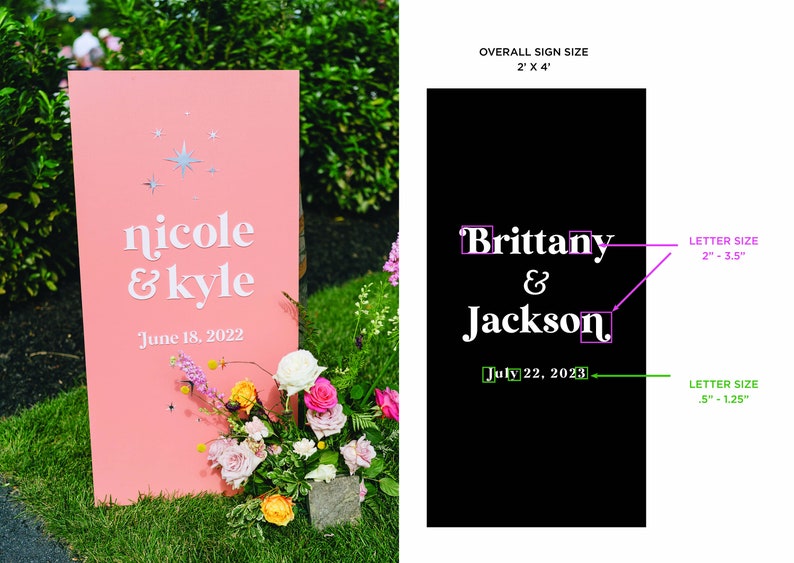 K&ouml;nnte beinhalten: Korallfarbenes Hochzeitsschild mit den Namen "nicole & kyle" und dem Datum "June 18, 2022" in wei&szlig;er Schrift. Das Schild ist mit sternf&ouml;rmigen Akzenten und Blumengestecken verziert. Ein zweites Schild ist schwarz mit den Namen "Brittany & Jackson" und dem Datum "July 22, 2023".