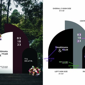 K&ouml;nnte beinhalten: Hochzeitsschild-Set mit Waldhintergrund. Die Schilder sind wei&szlig;, schwarz und weinrot, mit Blumenarrangements. Der Text enth&auml;lt Namen, ein Datum und den Satz &bdquo;Til Death&ldquo;. Gesamtgr&ouml;&szlig;e: 1,83 m x 1,83 m.