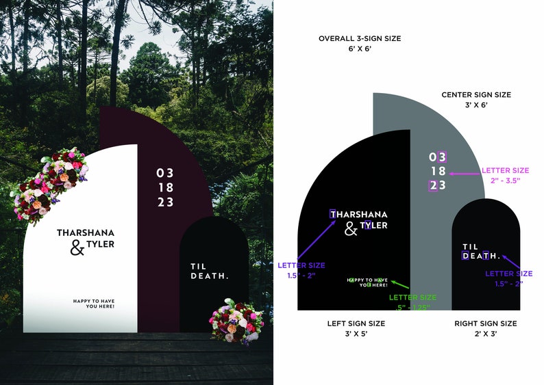 K&ouml;nnte beinhalten: Hochzeitsschild-Set mit Waldhintergrund. Die Schilder sind wei&szlig;, schwarz und weinrot, mit Blumenarrangements. Der Text enth&auml;lt Namen, ein Datum und den Satz &bdquo;Til Death&ldquo;. Gesamtgr&ouml;&szlig;e: 1,83 m x 1,83 m.