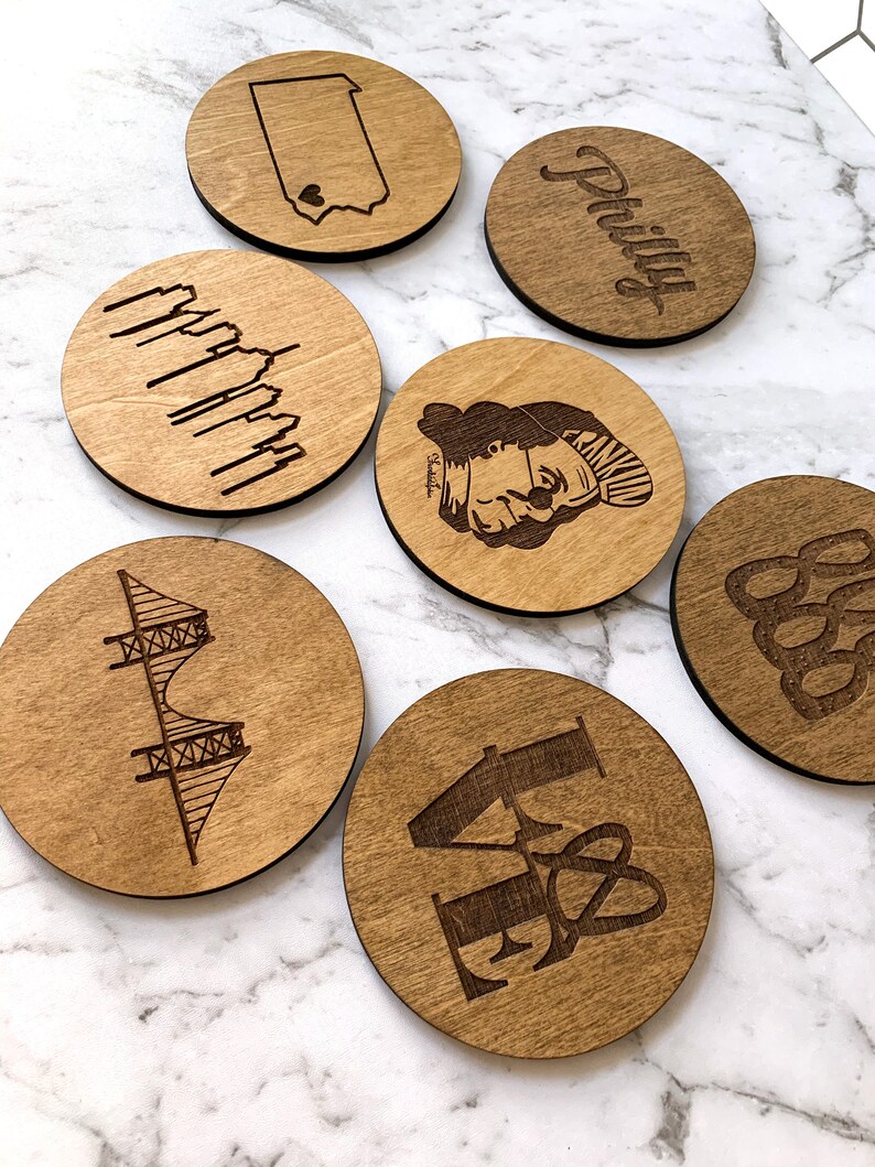 Philly Wooden Coasters Customizable Philadelphia Wedding Favor Housewarming
