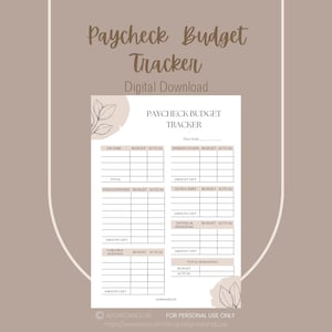 Może przedstawiać: Drukowany tracker budżetu z beżowym tłem i brązowymi ilustracjami kwiatowymi. Tracker jest podzielony na sekcje dla dochodów, stałych wydatków, zmiennych wydatków, funduszy awaryjnych, dodatkowych długów, oszczędności i inwestycji oraz pozostałej kwoty. Tracker zawiera kolumny dla budżetu i rzeczywistych kwot.