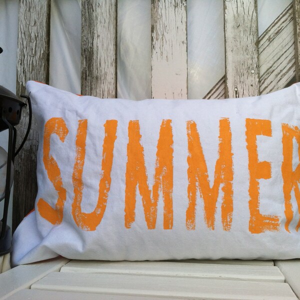 SUMMER Pillow (block printed orange on white canvas) CLEARANCE