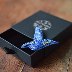 Blue Hummingbird Embroiderded Brooch, Jewelry Pin for Bird Lover, Embroidered Bird Brooch Gift for Her image 3