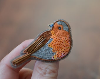 Broche brodée Robin, bijoux pour amoureux de la nature et des oiseaux, broche oiseau brodé, cadeau de Noël bijoux animaux