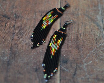 Long Beaded Black Fringe Earrings,  Boho Jewelry, Shoulder duster earrings, Contemporary Southwestern Style Earrings