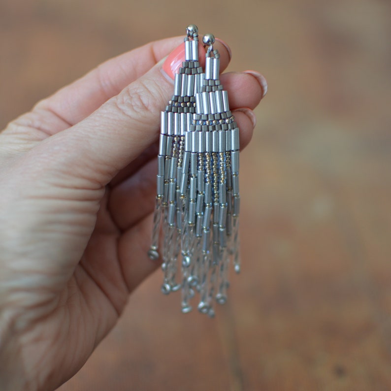 Extra Long Silver Beaded Fringe Earrings, image 6