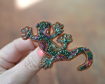 Lizard Jewelry,  Bead Embroidery Pin , Desert Creatures Pin, Lizard Badge,  Colorful Lizard Brooch