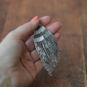 Extra Long Silver Beaded Fringe Earrings, image 2