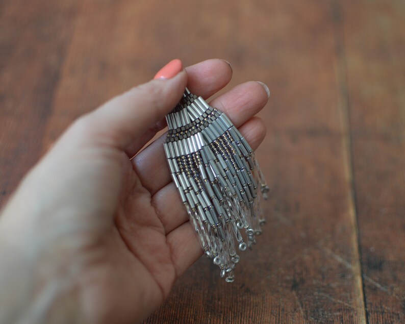 Extra Long Silver Beaded Fringe Earrings, image 2