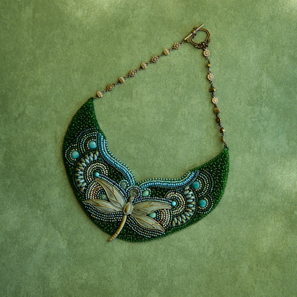 Luxurious Beaded Embroidered Dragonfly Pendent Handmade Necklace