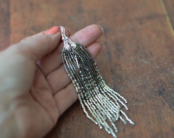 Long Gold and Silver Ombre Beaded Fringe Earrings,