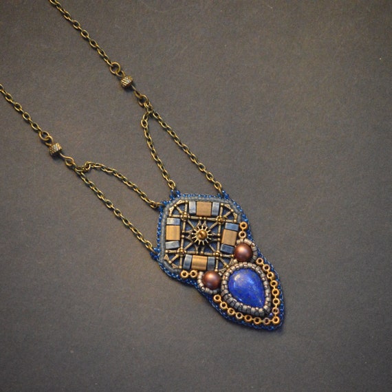 Lapis Lazuli Bead Embroidery Necklace, Blue Victorian Pendant, Statement Jewelry, Vintage Necklace for Wife