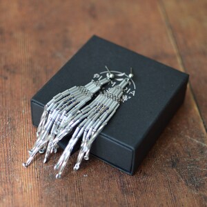 Extra Long Silver Beaded Fringe Earrings, image 5