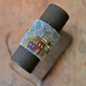 Bead Embroidery Cuff, Bethlehem Skyline Bracelet, Scenic Celestial Jewelry, Festive Gift for Wife