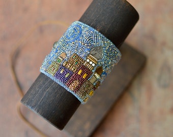 Bead Embroidery Cuff, Bethlehem Skyline Bracelet, Scenic Celestial Jewelry, Festive Gift for Wife