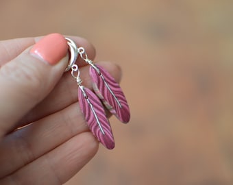 Red Pink Feather Bohemian Earrings, Small Feather Minimalist Earrings