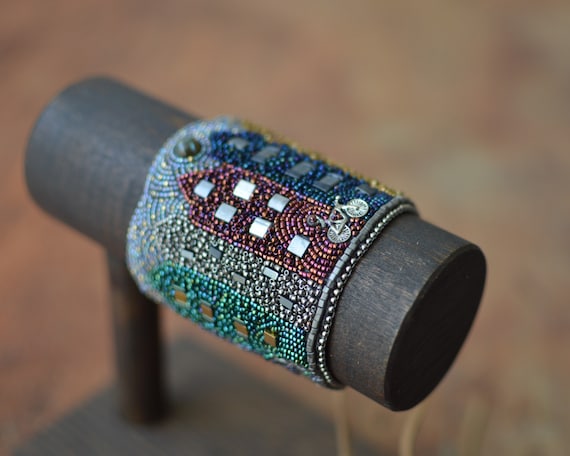 Bead Embroidery Cuff, Amsterdam Skyline Bracelet, Scenic Celestial Jewelry, Gift for Wife