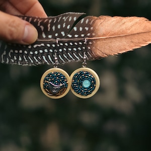 Mismatched Starry Night Beaded Earrings with Nesting Birds, Celestial Jewelry Gift for Bird Lover