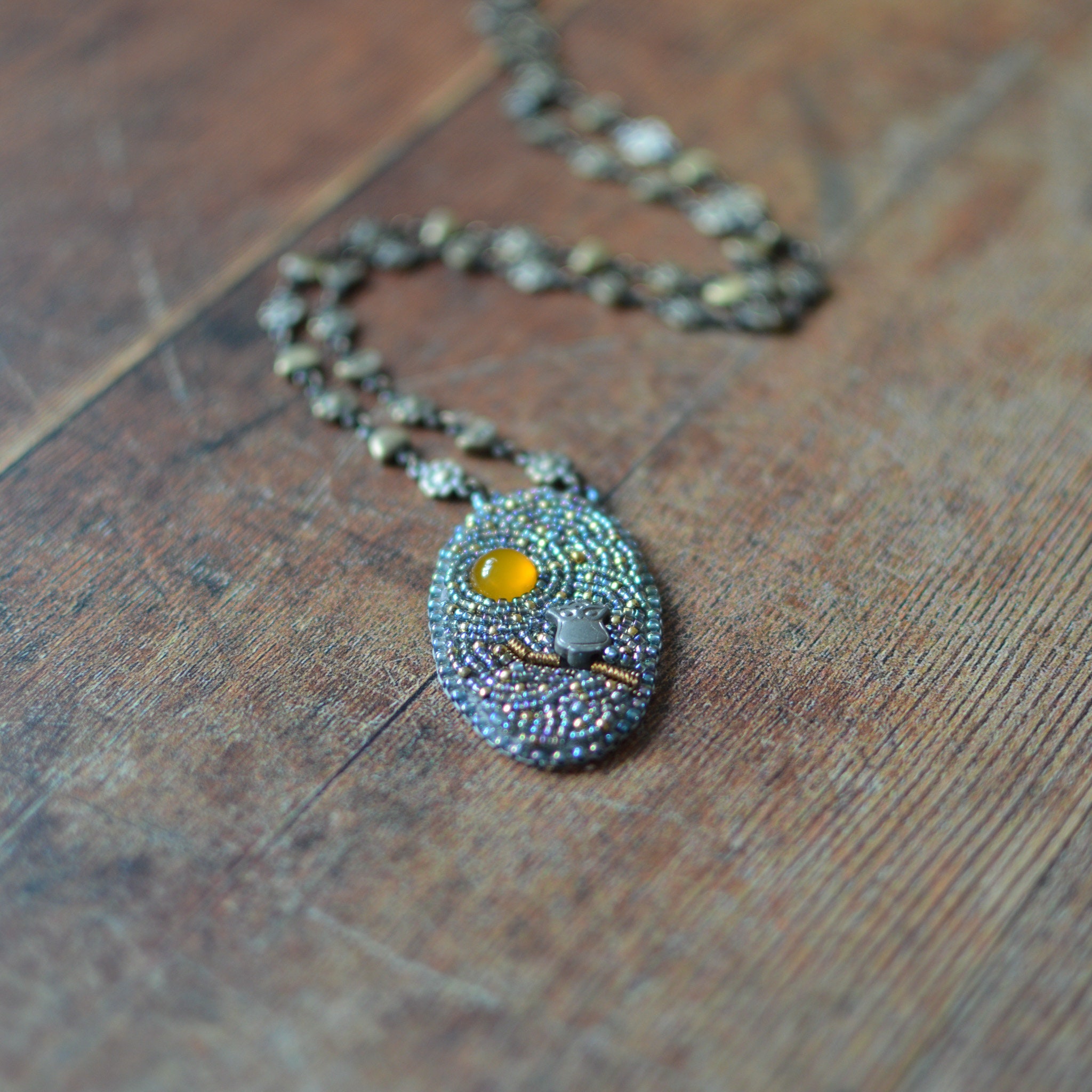 Embroidered Owl Necklace: Starry Night Beaded Pendant, Antique Gold Chain