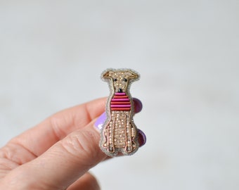 Whippet in Pink Jumper  Embroidered Brooch,