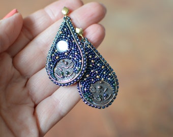 Long Cat Earrings, Night Sky Statement Earrings, Bead Embroidery Jewelry for Cat Lovers, Wearable Art, Celestial Jewelry,