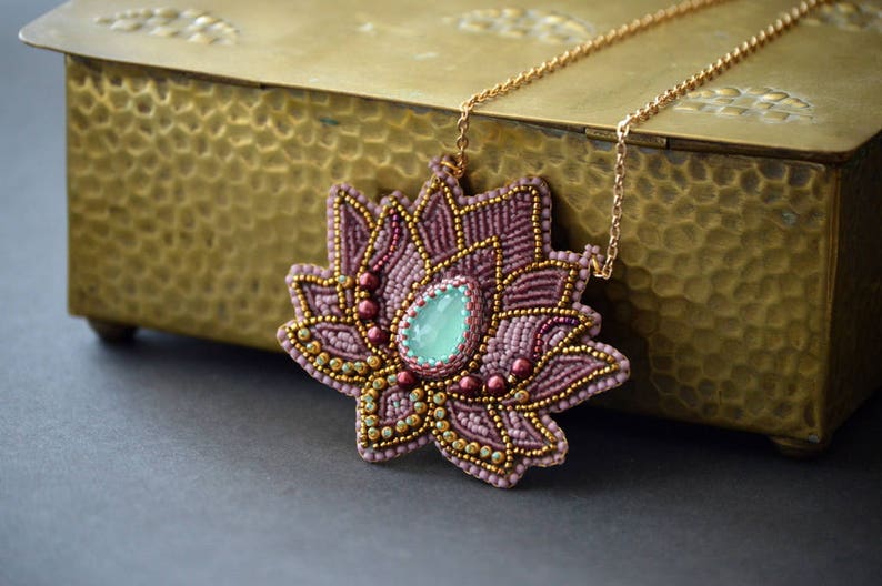 Lotus Flower Bead Embroidery Necklace Etsy