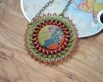 Green Bead Embroidery Necklace: Boho Oriental Faux Suede Jewelry
