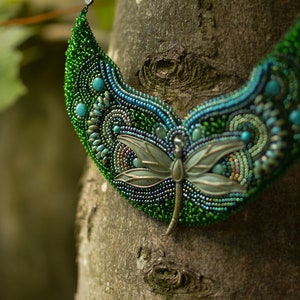 Bead Embroidery Dragonfly Necklace, Statement Beadwork Jewelry Gift for Nature Lover image 7