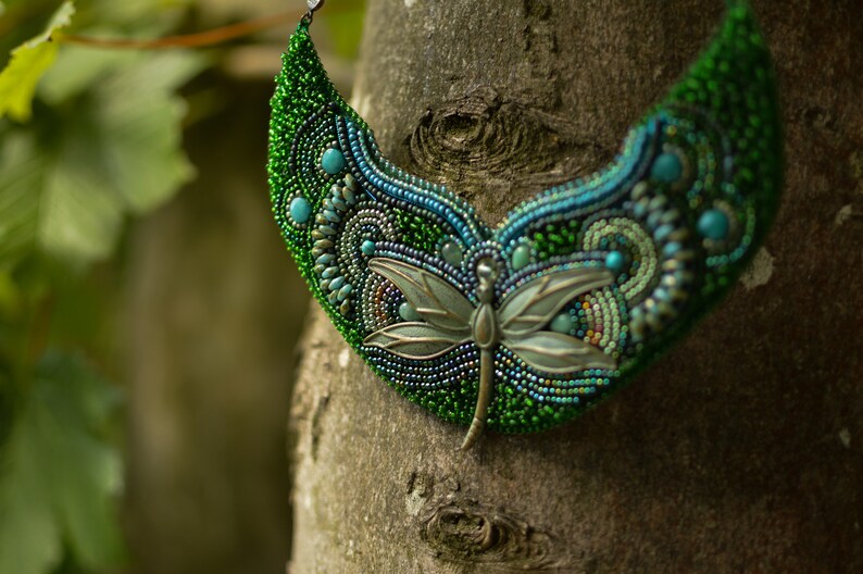 Bead Embroidery Dragonfly Necklace, Statement Beadwork Jewelry Gift for Nature Lover image 7