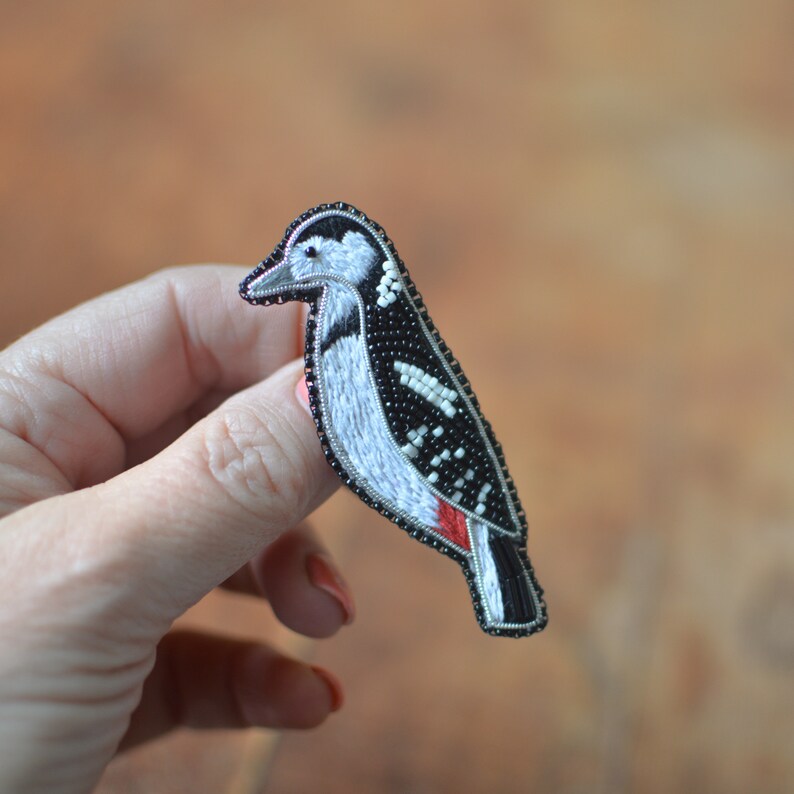 Woodpecker Embroidered Pin, Jewelry Pin for Bird Lover, Embroidered Bird Brooch Gift for Mum image 1