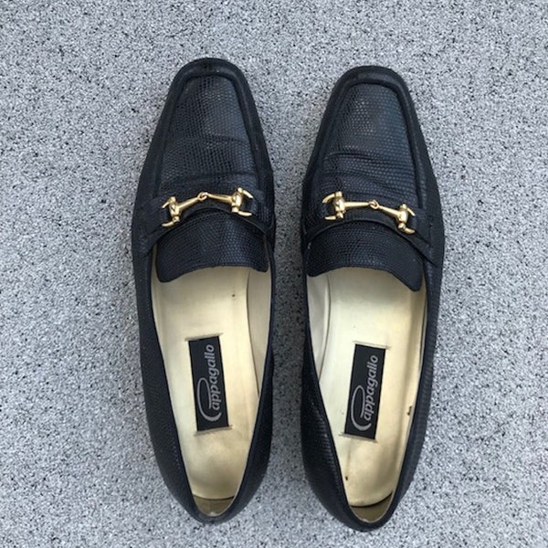 Vintage PAPPAGALLO Black Loafer w/ Horse Bit Gold Detail / Slip On Low Heeled Shoes / Pebble Black Leather / Great Vintage Cond / Sz. 9 1/2M