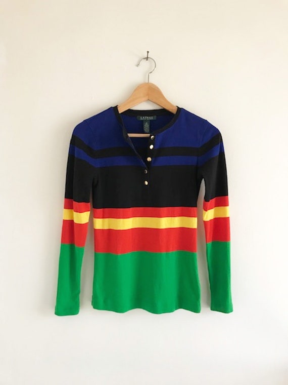 Vtg 90's Lauren Ralph Lauren Cotton Stretch Knit Striped Top