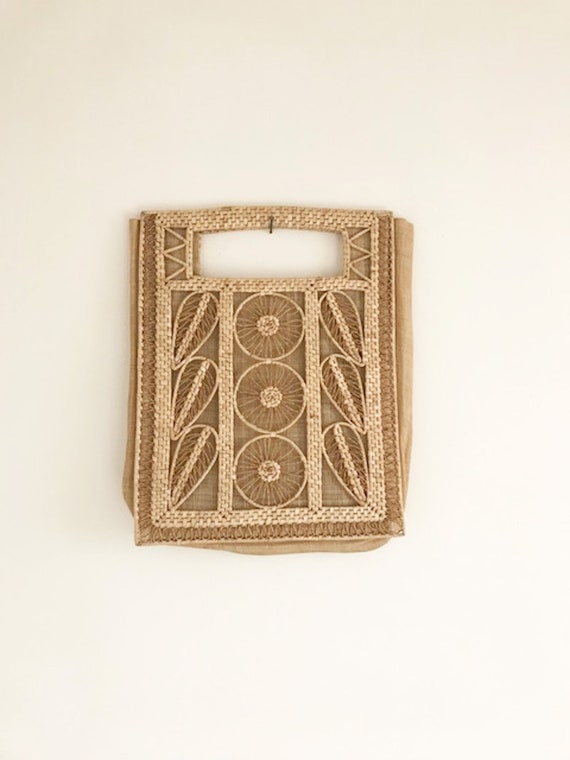 Vintage 60's Woven Straw Rattan Shopper Tote Bag … - image 2