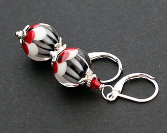 Black Red Artisan Lampwork earrings, Dainty Floral handmade glass earrings, 3D floral glass earrings Murano glass dangles, Gift for Women