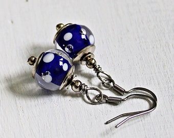 Dark Blue Polka dot Lampwork earrings - Blue Murano Glass bead earrings - Dainty earrings  Everyday earrings  Gift for classy women