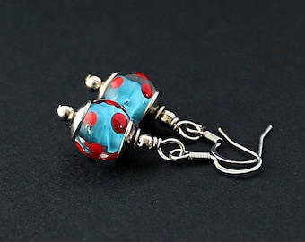 Turquoise Polka dot Lampwork earrings - Red Turquoise Handmade Glass bead earrings - Dainty earrings  Southwest Turquoise Everyday earrings