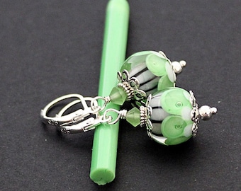 Green Artisan Lampwork earrings, Dainty Floral handmade glass earrings, 3D floral glass earrings, Murano glass dangles Unique Gift for Women