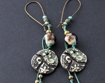 Rustic Lampwork earrings, Bohemian Tribal earrings, Gypsy dangles with ceramic,beads, Medieval earrings Antique Boho earrings Fleur di Lis
