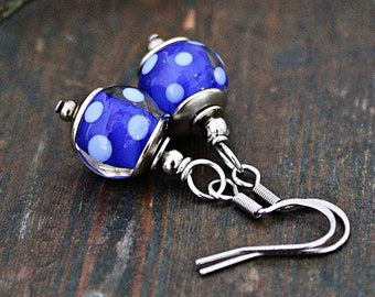 Polka dot Lampwork earrings - Cornflower Blue Handmade Murano Glass bead earrings - Dainty earrings  Everyday earrings Gift for classy women