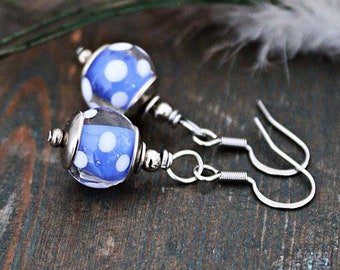 Light Blue Blue Polka dot Lampwork earrings - Blue Handmade Glass bead earrings - Dainty earrings - Everyday earrings -Gift for classy women