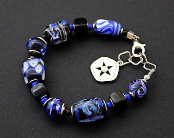 Blue Black Handmade Lampwork bracelet, Artisan made Murano bracelet, Contemporary Art Glass bracelet, Gift for Woman