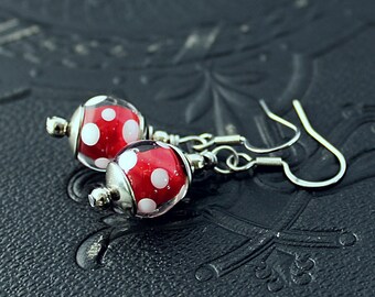 Red  Polka dot Lampwork earrings - Red Handmade Glass bead earrings - Dainty earrings - Red Everyday earrings -Gift for classy women