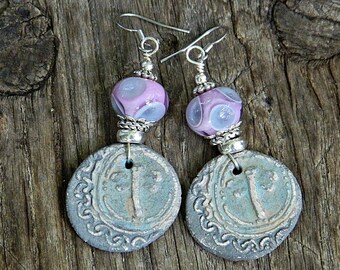Boho Assemblage earrings with Murano glass, Pink Gray Bohemian earrings, Handmade Lampwork, Rustic Artisan Ceramic charm, Artisan Earrings