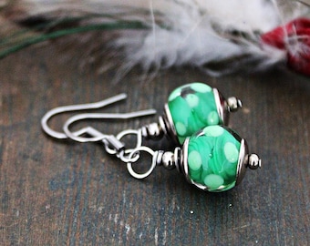 Green Polka dot Lampwork earrings - Light Green Handmade Murano Glass earrings - Green Dainty Everyday earrings - Gift for classy women