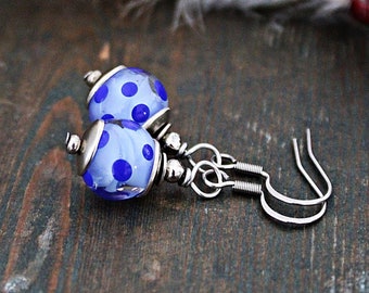 Blue Polka dot Lampwork earrings - Blue Handmade Glass bead earrings - Dainty earrings - Blue Everyday earrings -Gift for classy women