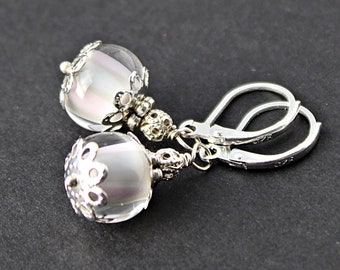 Pink Gray Lampwork earrings, Romantic Lampwork dangles, Pastel color Spring earrings, Gift for Wife, Murano glass Artisan earrings