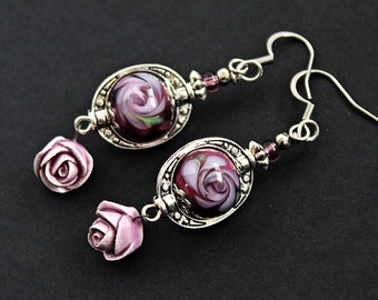 Pink Lampwork earrings, Pink glass earring dangles, Earrings with roses, Romantic gift for her, Murano glass earrings, Boho wedding earrings