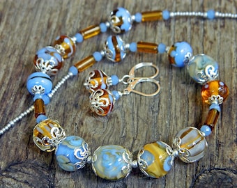 Blue Lampwork necklace earrings set, Classic Romantic Handmade Murano glass Artisan made Summer jewelry, Cornflower Topaz color