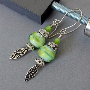 Spring Green Handmade lampwork earrings with rhinestone beads
