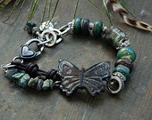 Green Rustic Boho bracelet Teal Artisan Lampwork bracelet  Butterfly bracelet Earthy Bohemian bracelet  Gypsy Assemblage bracelet